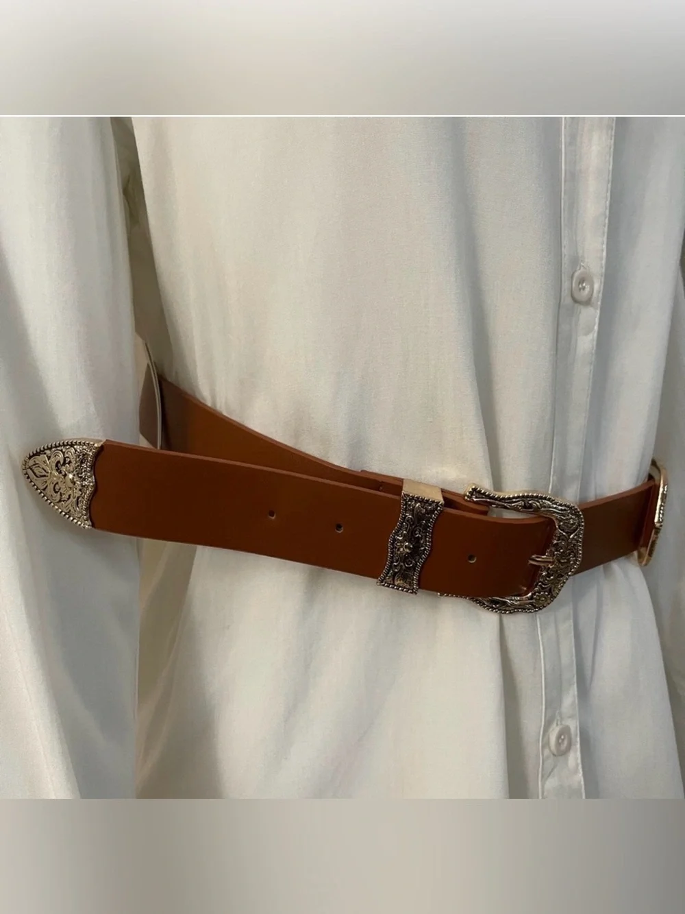 Brown PU leather distressed gold  tone double buckle adjustable skinny belt